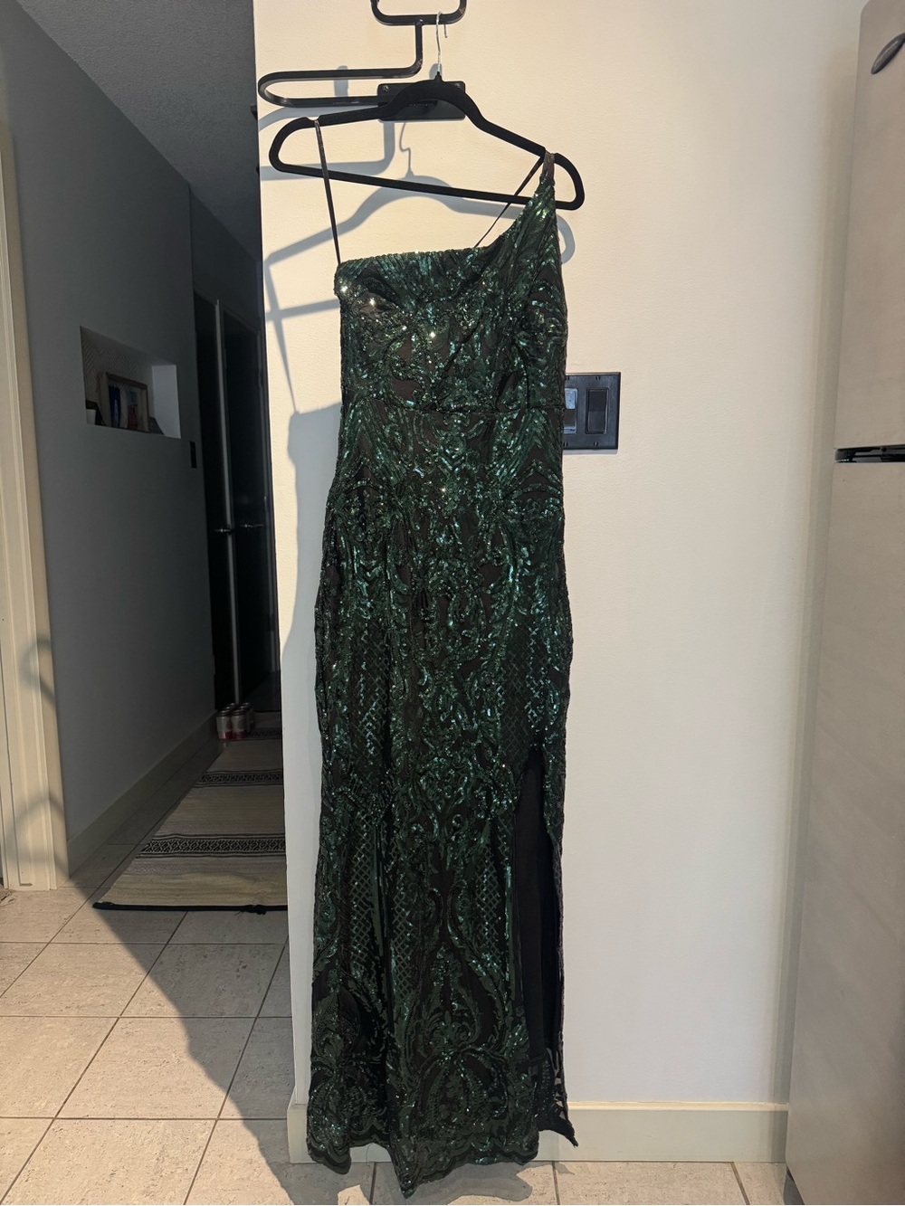 le chateau One-Shoulder Green Sequin Evening Gown